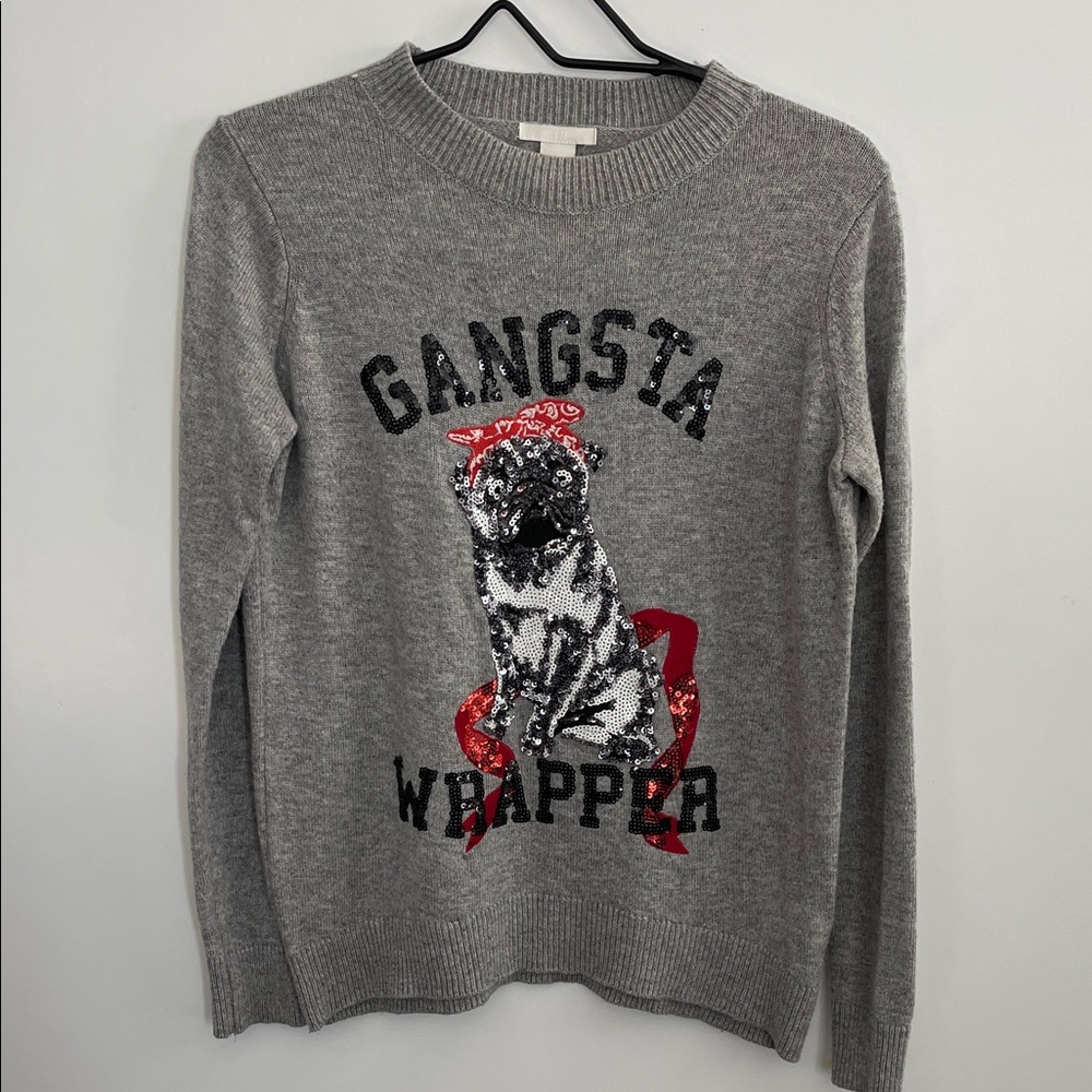 H&M Pullover Sweater Gray with Pug Design Women's Size S